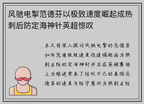 风驰电掣范德芬以极致速度崛起成热刺后防定海神针英超惊叹